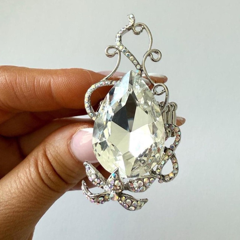 Large Statement Clear Crystal & Silver Tone Cockt… - image 3